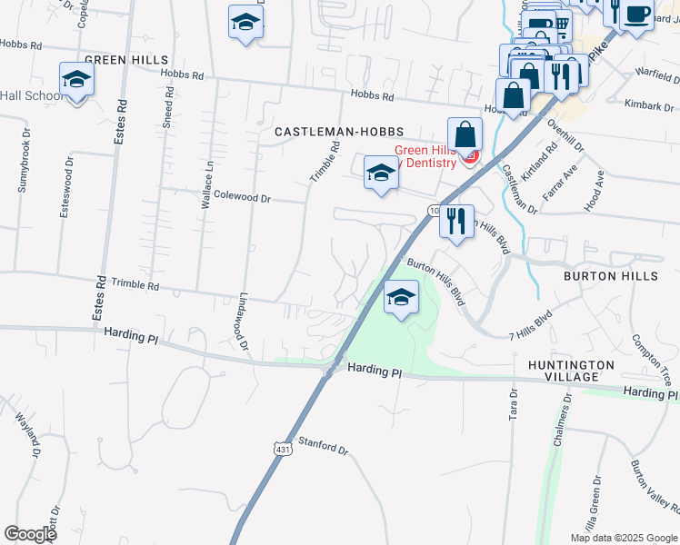 map of restaurants, bars, coffee shops, grocery stores, and more near 301 Summit Ridge Circle in Nashville