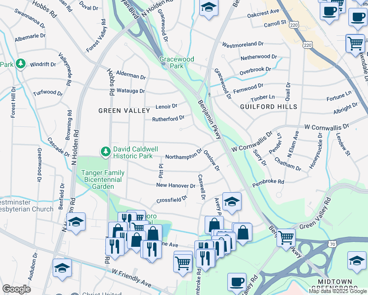 map of restaurants, bars, coffee shops, grocery stores, and more near 1209 Onslow Drive in Greensboro