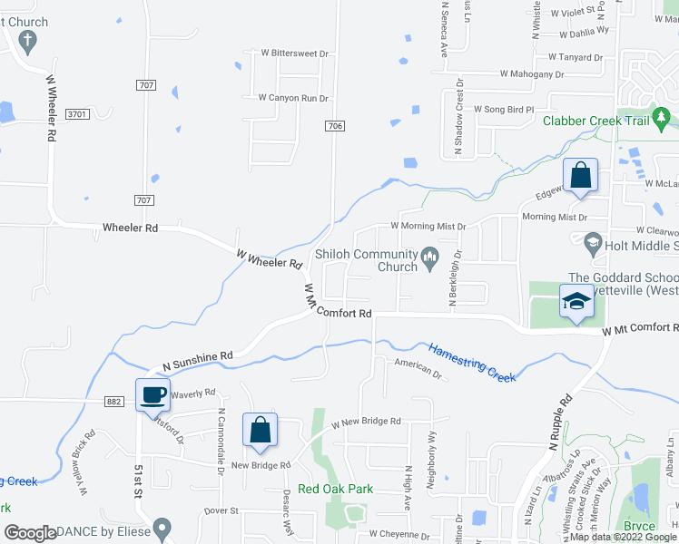 map of restaurants, bars, coffee shops, grocery stores, and more near 2337 North Montana Avenue in Fayetteville