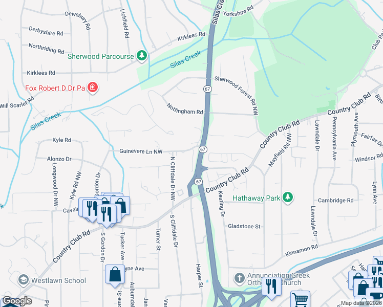 map of restaurants, bars, coffee shops, grocery stores, and more near 224 Guinevere Court in Winston-Salem
