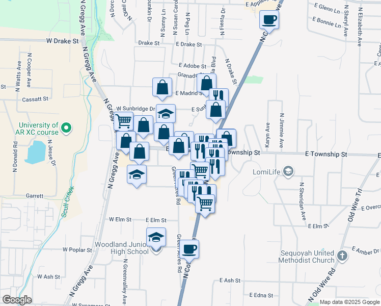 map of restaurants, bars, coffee shops, grocery stores, and more near 245 East Township Street in Fayetteville