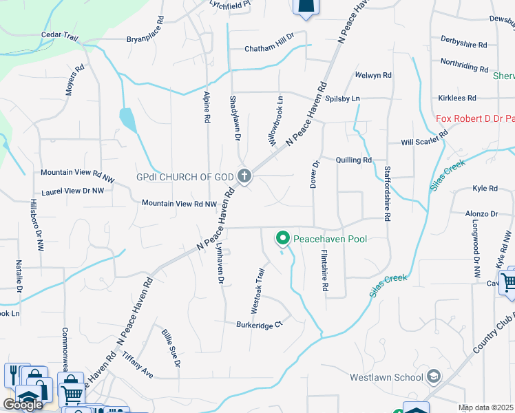 map of restaurants, bars, coffee shops, grocery stores, and more near 500 Hedgewood Place in Winston-Salem