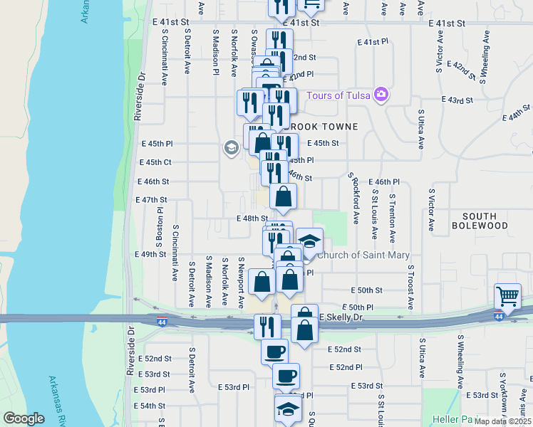 map of restaurants, bars, coffee shops, grocery stores, and more near 4802 South Peoria Avenue in Tulsa