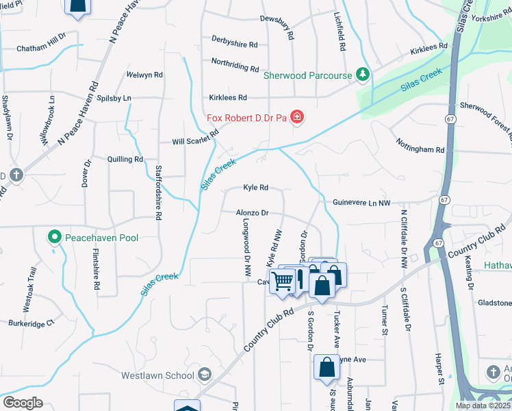 map of restaurants, bars, coffee shops, grocery stores, and more near 4110 Alonzo Drive in Winston-Salem