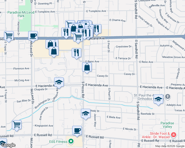 map of restaurants, bars, coffee shops, grocery stores, and more near 3475 Shamrock Avenue in Las Vegas