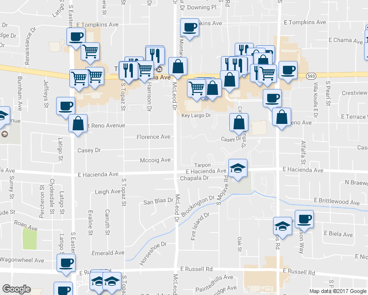 map of restaurants, bars, coffee shops, grocery stores, and more near 5206 Mandalay Springs Drive in Las Vegas