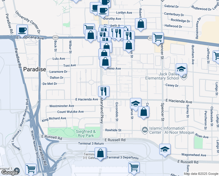 map of restaurants, bars, coffee shops, grocery stores, and more near 5278 South Maryland Parkway in Las Vegas