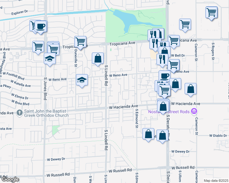 map of restaurants, bars, coffee shops, grocery stores, and more near 5445 West Reno Avenue in Las Vegas