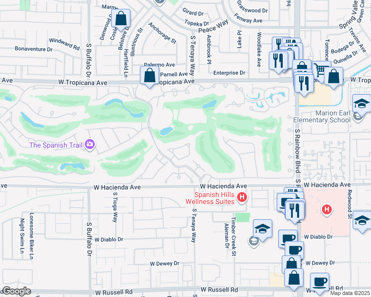 map of restaurants, bars, coffee shops, grocery stores, and more near 15 Burning Tree Court in Las Vegas