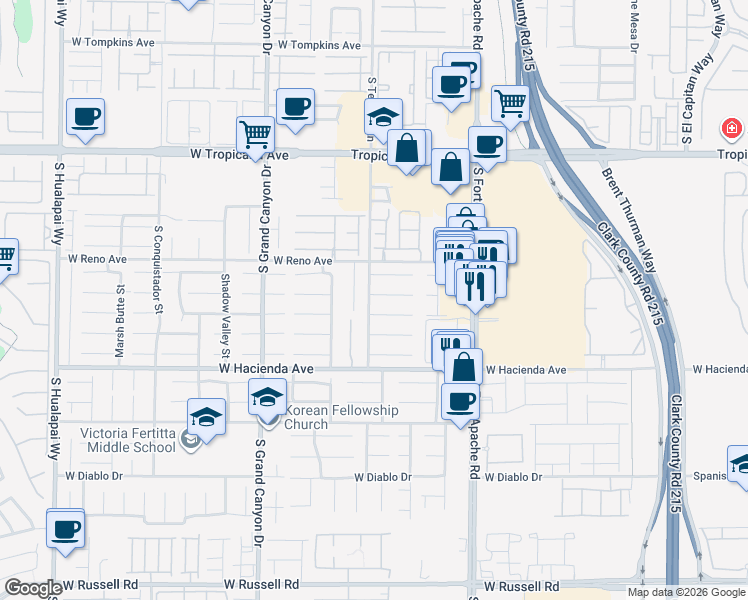 map of restaurants, bars, coffee shops, grocery stores, and more near 5201 South Tee Pee Lane in Las Vegas
