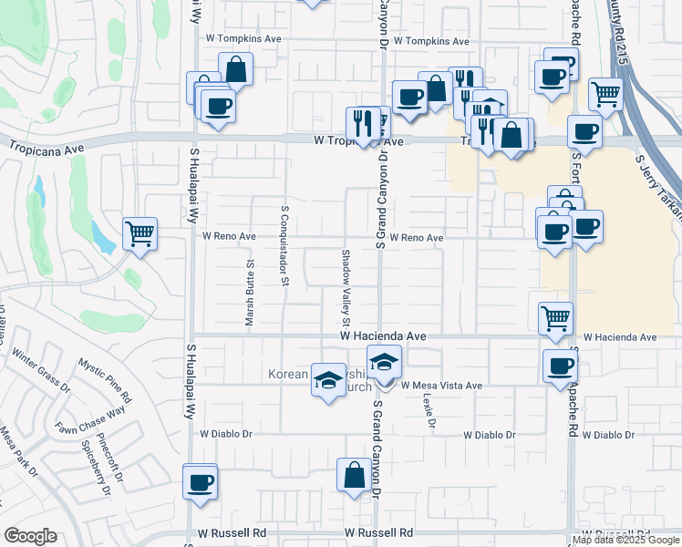 map of restaurants, bars, coffee shops, grocery stores, and more near 5208 Shadow Valley Street in Las Vegas