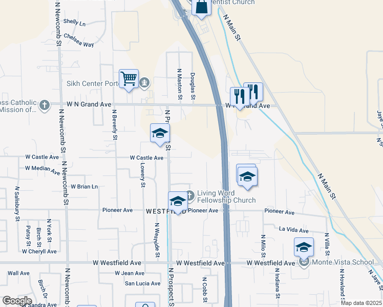 map of restaurants, bars, coffee shops, grocery stores, and more near 1556 North Prospect Street in Porterville