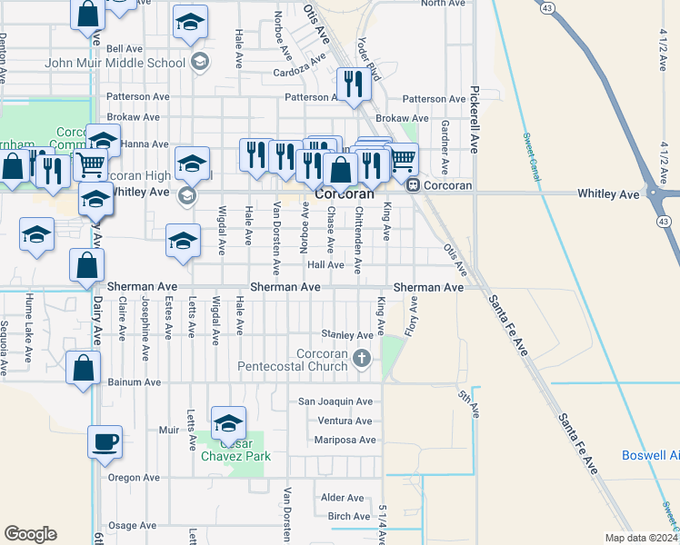map of restaurants, bars, coffee shops, grocery stores, and more near 1014 Sherman Ave in Corcoran