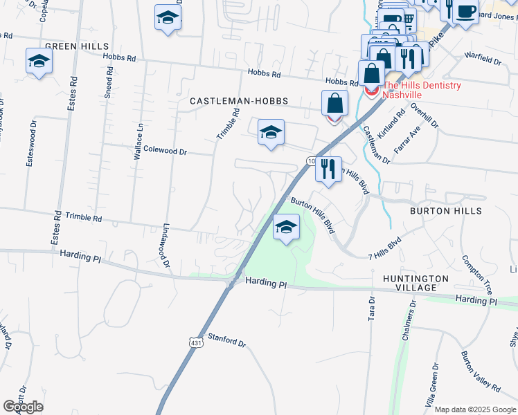 map of restaurants, bars, coffee shops, grocery stores, and more near 301 Summit Ridge Circle in Nashville