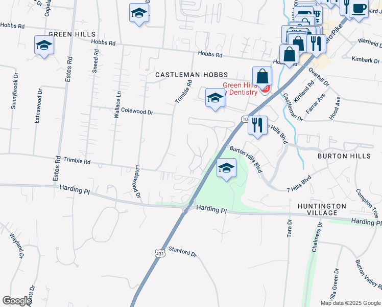 map of restaurants, bars, coffee shops, grocery stores, and more near 3530 Trimble Court in Nashville