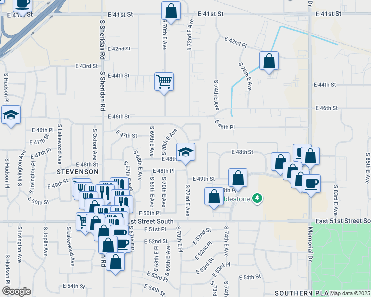 map of restaurants, bars, coffee shops, grocery stores, and more near 7025 East 48th Street in Tulsa