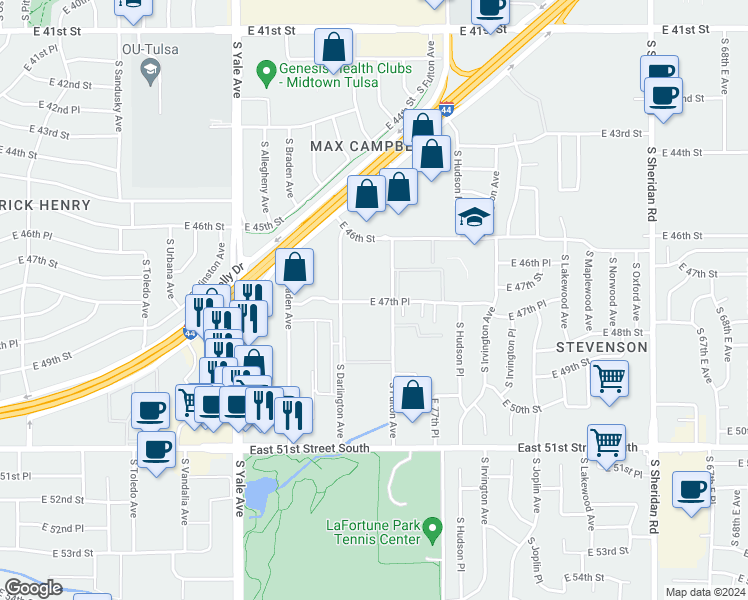 map of restaurants, bars, coffee shops, grocery stores, and more near 5358 East 47th Place in Tulsa