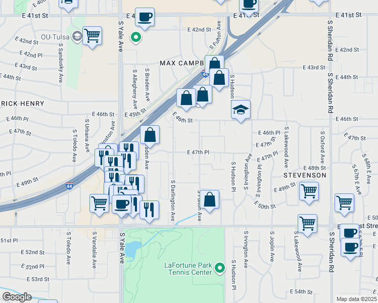 map of restaurants, bars, coffee shops, grocery stores, and more near 5358 East 47th Place in Tulsa