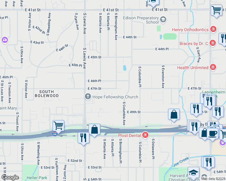 map of restaurants, bars, coffee shops, grocery stores, and more near 4727 South Atlanta Place in Tulsa