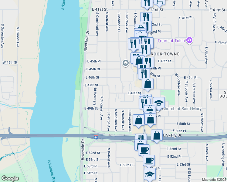 map of restaurants, bars, coffee shops, grocery stores, and more near 4807 South Detroit Avenue in Tulsa
