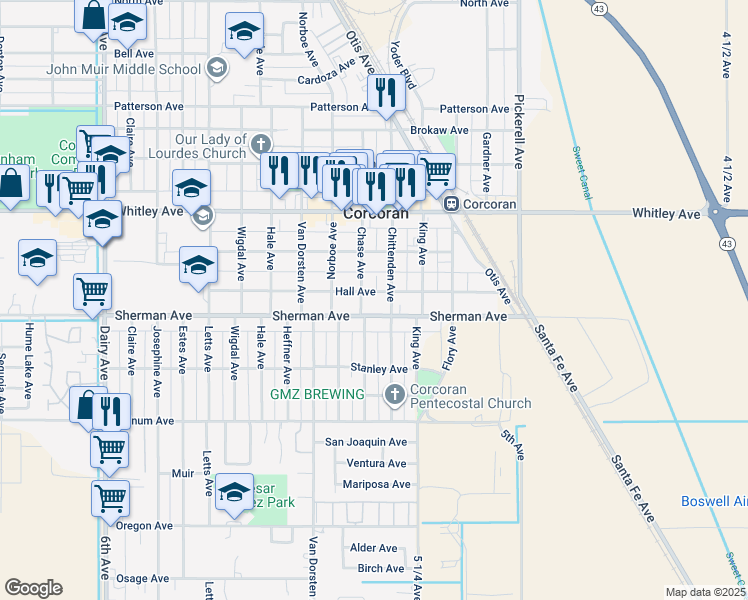 map of restaurants, bars, coffee shops, grocery stores, and more near 1015 Hall Avenue in Corcoran