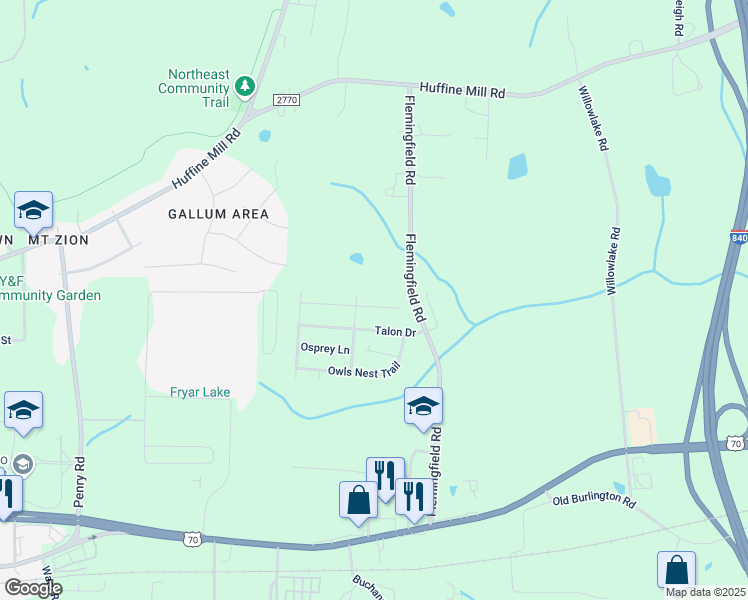map of restaurants, bars, coffee shops, grocery stores, and more near 2300 Wise Owl Drive in McLeansville
