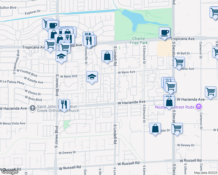 map of restaurants, bars, coffee shops, grocery stores, and more near 5171 South Lindell Road in Las Vegas