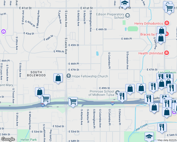 map of restaurants, bars, coffee shops, grocery stores, and more near 4727 South Atlanta Place in Tulsa