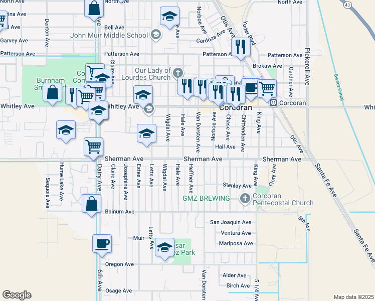 map of restaurants, bars, coffee shops, grocery stores, and more near in Corcoran