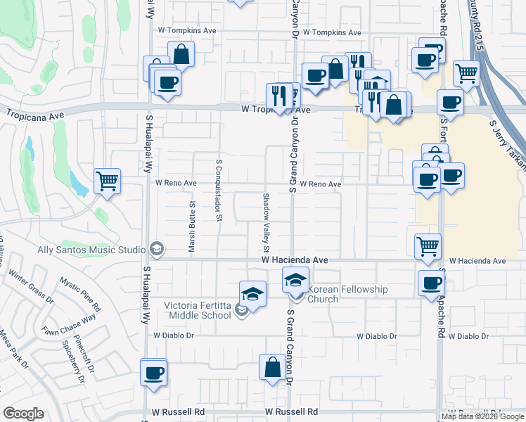 map of restaurants, bars, coffee shops, grocery stores, and more near 5208 Shadow Valley Street in Las Vegas