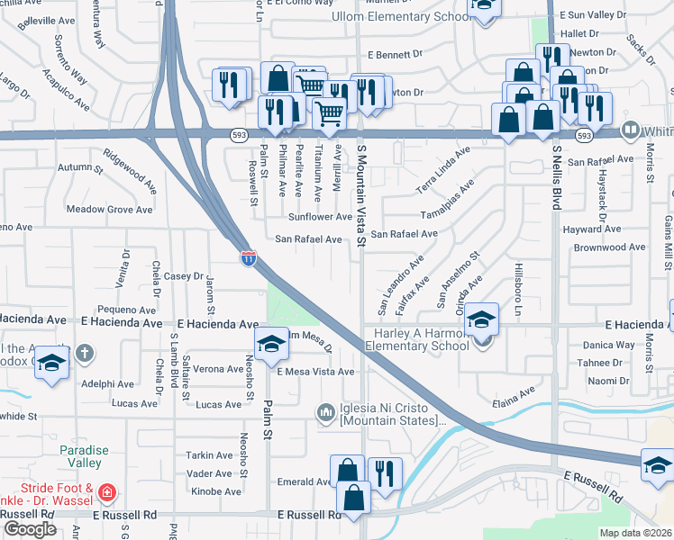 map of restaurants, bars, coffee shops, grocery stores, and more near 5184 Merrill Circle in Las Vegas