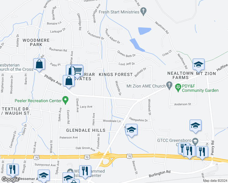 map of restaurants, bars, coffee shops, grocery stores, and more near 1404 Larchmont Drive in Greensboro