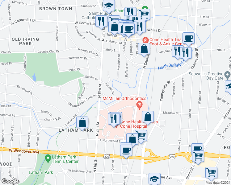 map of restaurants, bars, coffee shops, grocery stores, and more near 108 Sunset Circle in Greensboro