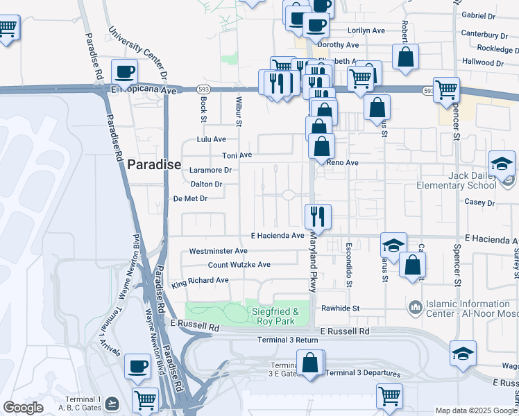 map of restaurants, bars, coffee shops, grocery stores, and more near 5205 Gray Lane in Las Vegas