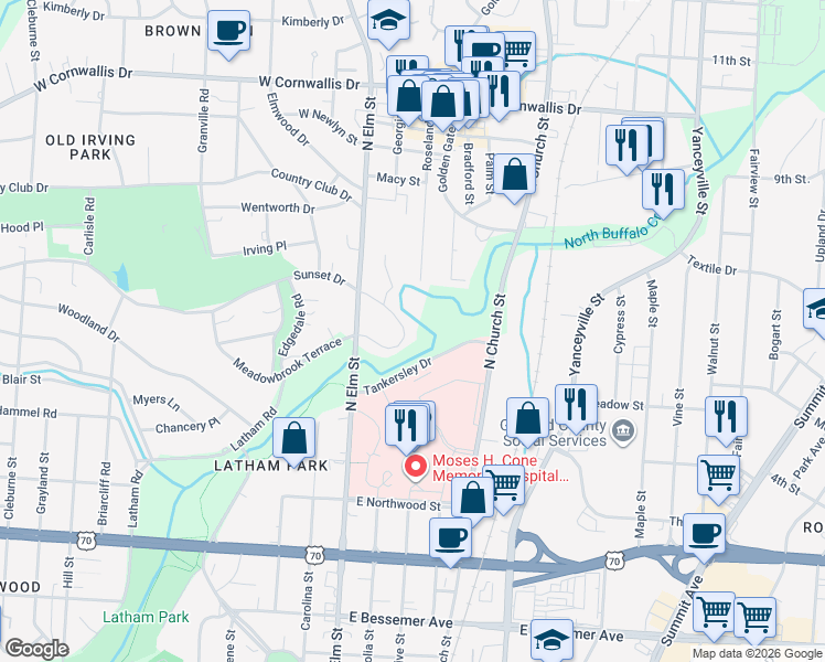 map of restaurants, bars, coffee shops, grocery stores, and more near 108 Sunset Circle in Greensboro