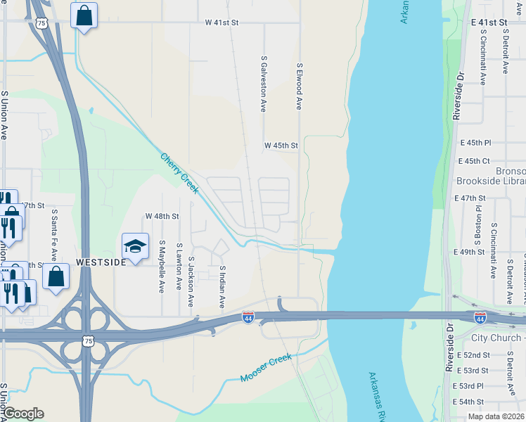 map of restaurants, bars, coffee shops, grocery stores, and more near 505 Cherry Creek Road in Tulsa