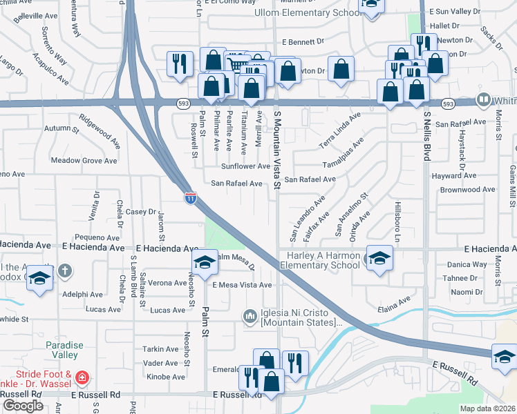 map of restaurants, bars, coffee shops, grocery stores, and more near 5184 Merrill Circle in Las Vegas