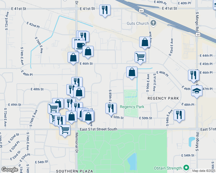 map of restaurants, bars, coffee shops, grocery stores, and more near 4757 South 85th East Avenue in Tulsa