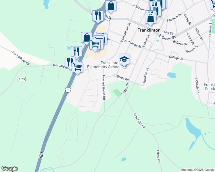 map of restaurants, bars, coffee shops, grocery stores, and more near 124 Howard Harris Road in Franklinton