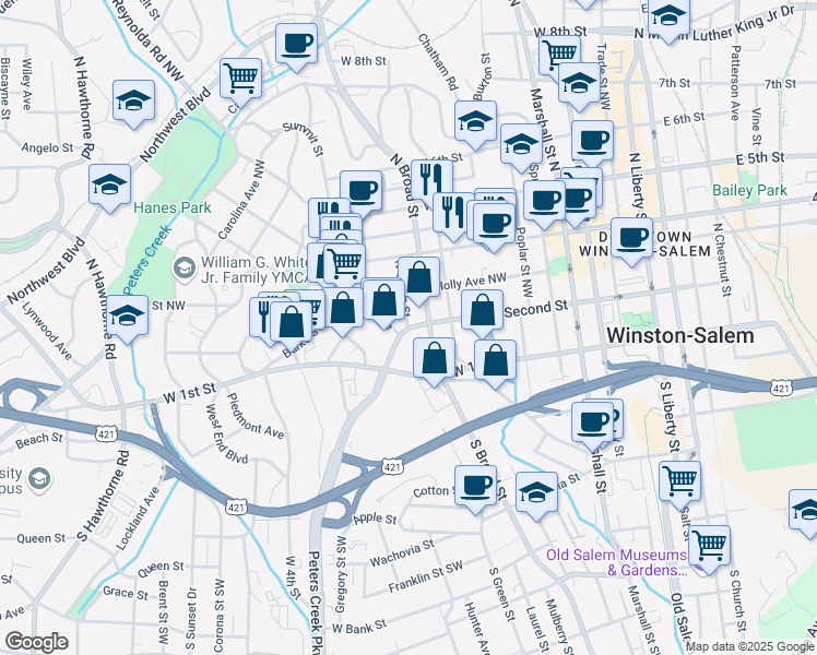 map of restaurants, bars, coffee shops, grocery stores, and more near 101 North Green Street in Winston-Salem