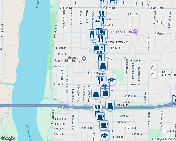 map of restaurants, bars, coffee shops, grocery stores, and more near 1115 East 48th Street in Tulsa
