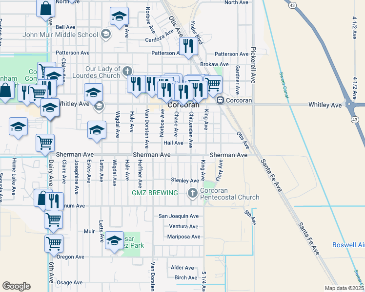map of restaurants, bars, coffee shops, grocery stores, and more near 1015 Hall Avenue in Corcoran