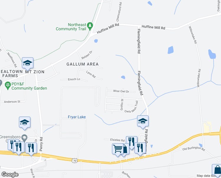 map of restaurants, bars, coffee shops, grocery stores, and more near 2205 Wise Owl Drive in Greensboro