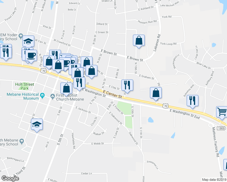 map of restaurants, bars, coffee shops, grocery stores, and more near 309 East Center Street in Mebane