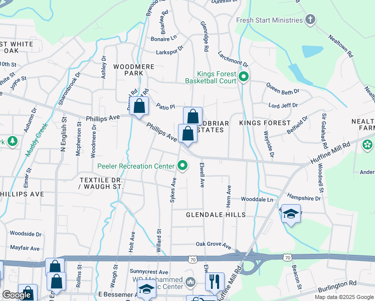 map of restaurants, bars, coffee shops, grocery stores, and more near 2501 Phillips Avenue in Greensboro