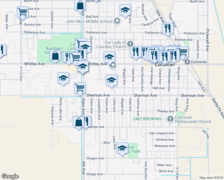 map of restaurants, bars, coffee shops, grocery stores, and more near 1300 Letts Avenue in Corcoran