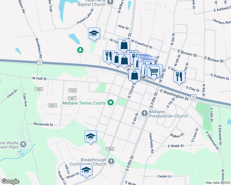 map of restaurants, bars, coffee shops, grocery stores, and more near 214 East Jackson Street in Mebane