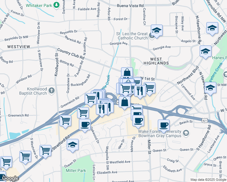 map of restaurants, bars, coffee shops, grocery stores, and more near 150 South Stratford Road in Winston-Salem