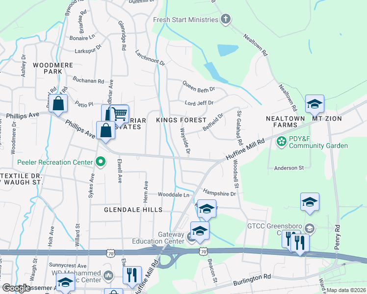 map of restaurants, bars, coffee shops, grocery stores, and more near in Greensboro