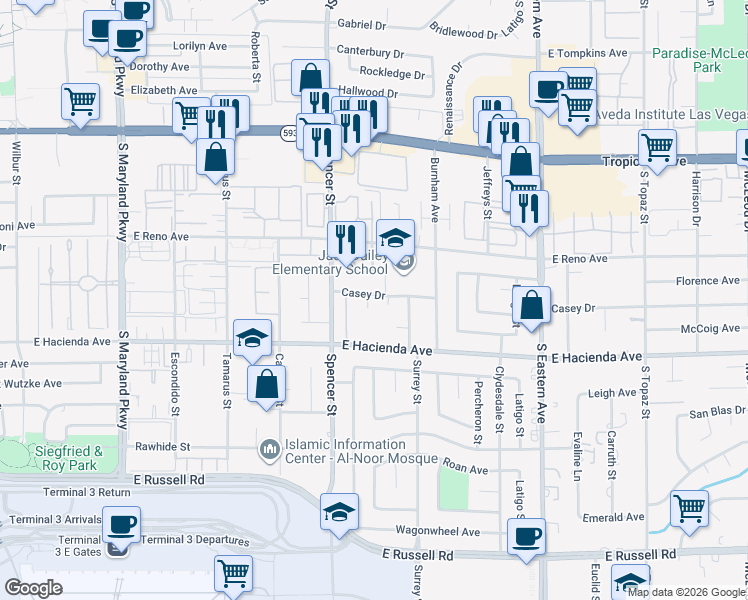 map of restaurants, bars, coffee shops, grocery stores, and more near 5235 Jana Court in Las Vegas
